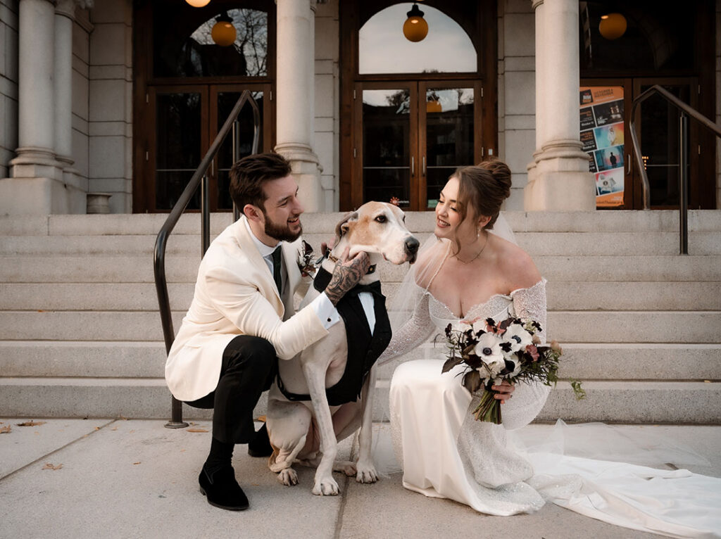 Wedding day moments with dog captured in documentary style at Pittsburgh venue