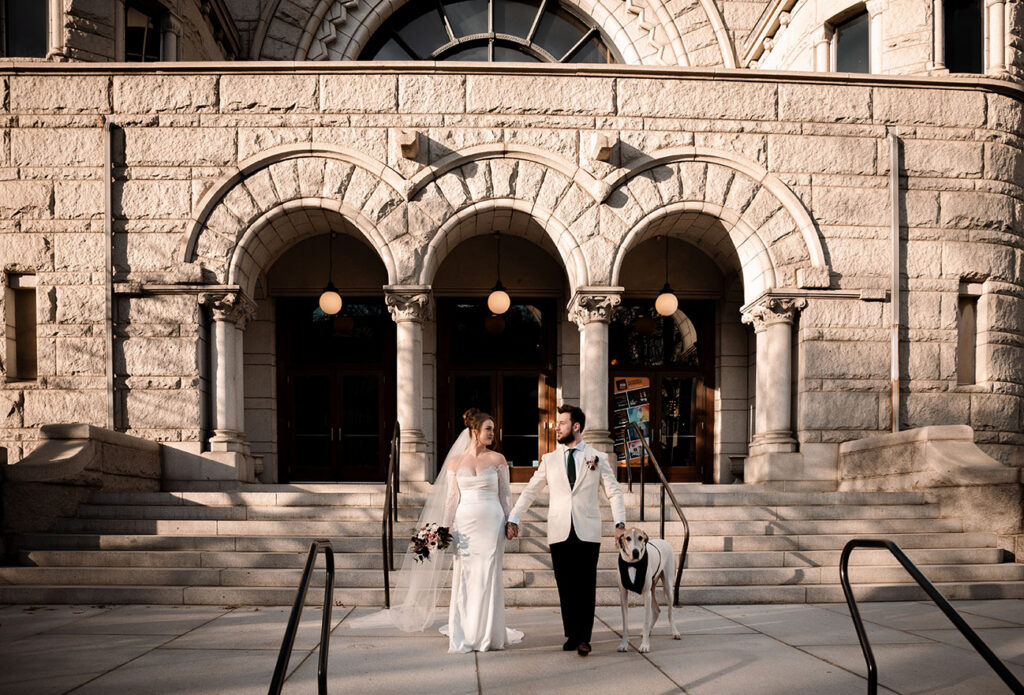Editorial wedding photos in North Side Pittsburgh museum setting with creative composition