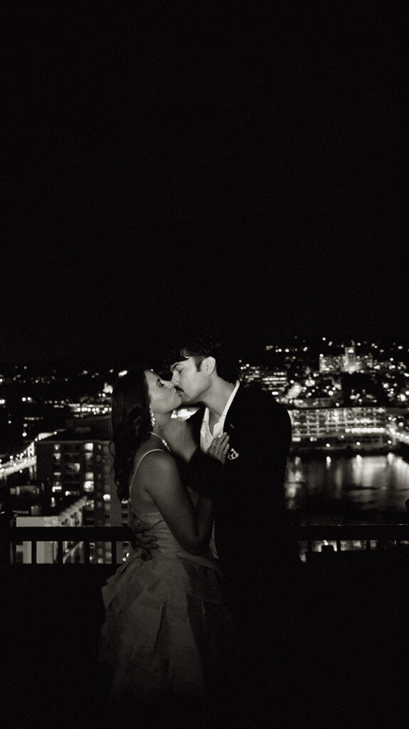 Artistic city engagement photos in Pittsburgh at night