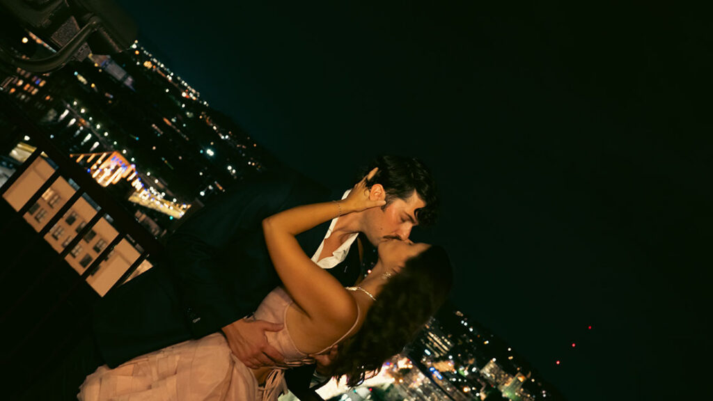 Night date photoshoot in Pittsburgh with cinematic city lights