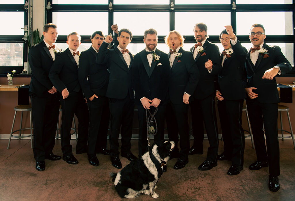 Groomsmen portraits at Lawrenceville wedding with their dog in Pittsburgh.