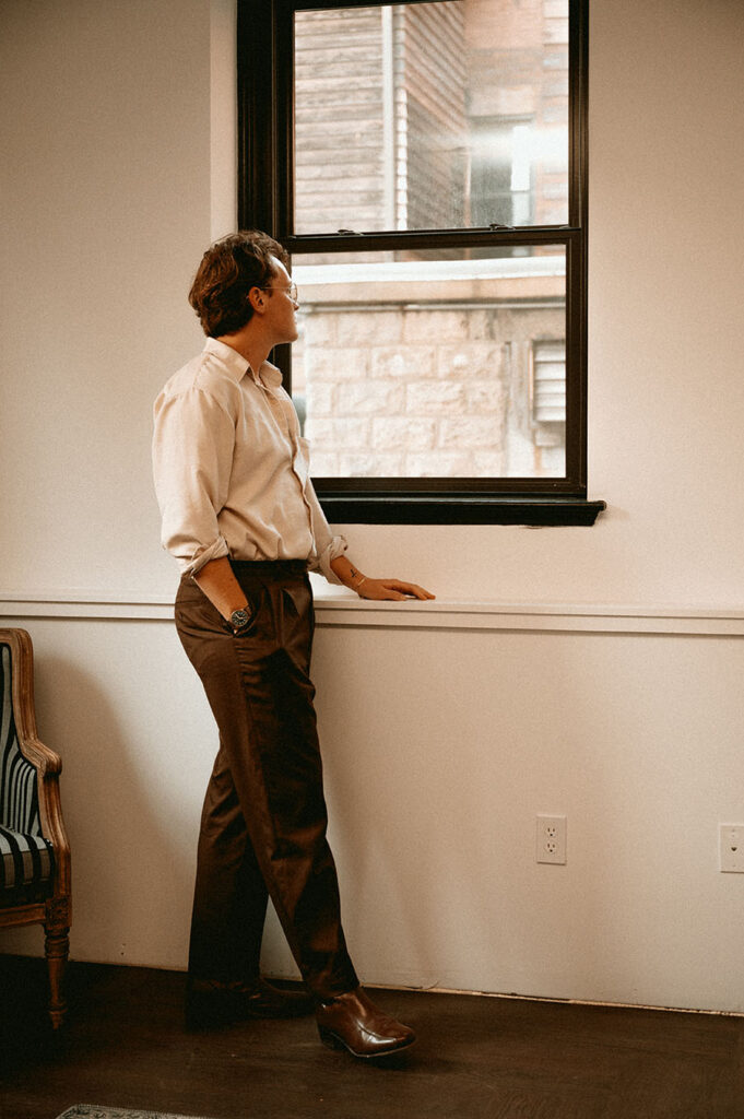 groom adjusting tie wedding morning documentary photography Pittsburgh