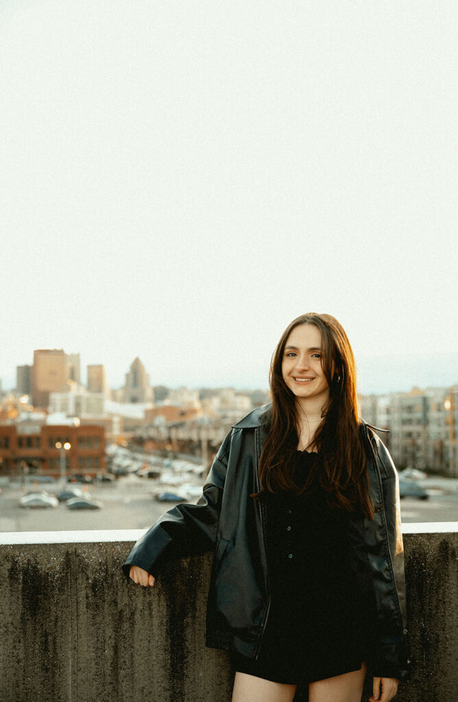 Downtown Pittsburgh senior photos with editorial flash and city architecture