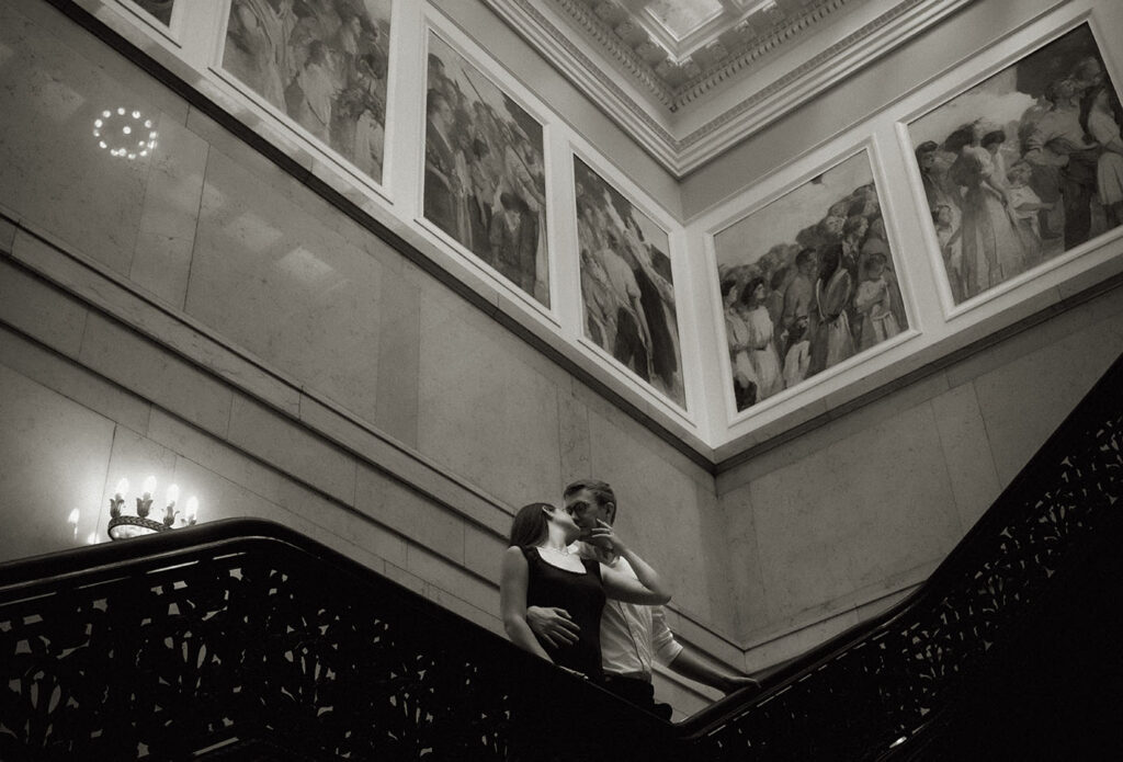 Couple Kiss at Carnegie Museum of Art during Engagement