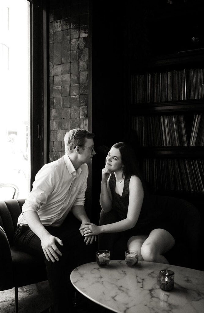 moody engagement photos Pittsburgh jazz club intimate couple moment