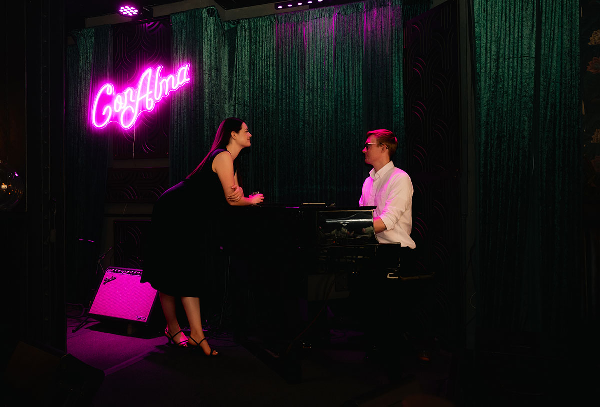night engagement photos Pittsburgh jazz bar romantic couple moody lighting