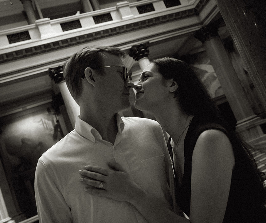 Close up of couple about to kiss during engagement at Carnegie Museum of Art natural engagement photos Pittsburgh couple embracing in park during spring