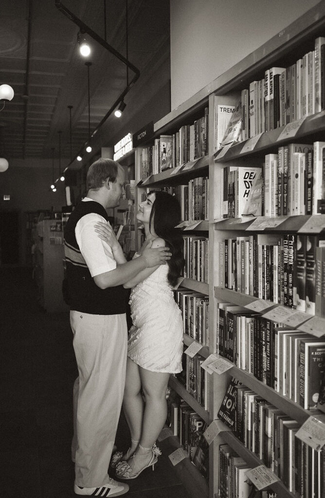 Couple reading together during engagement session