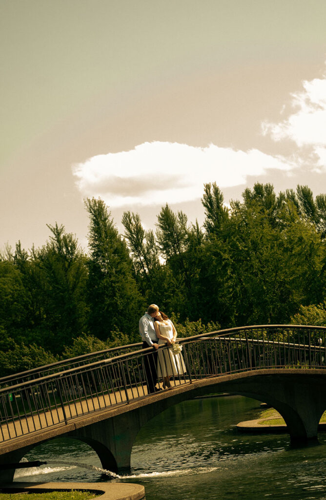Bride and Groom at Allegheny Commons Park Bridge