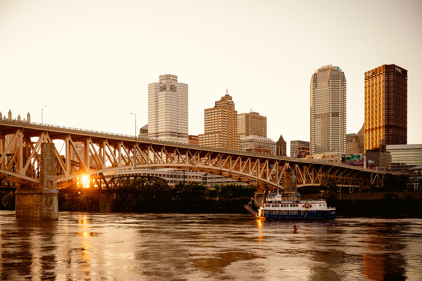 Summer view of Point State Park fountain with downtown Pittsburgh skyline