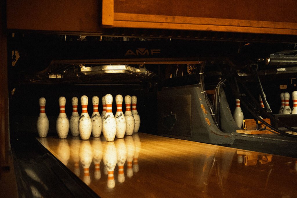 Close-up of bowling alley machinery at Arsenal Bowl