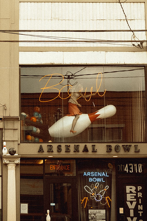 Arsenal Bowl exterior in Lawrenceville Pittsburgh at dusk