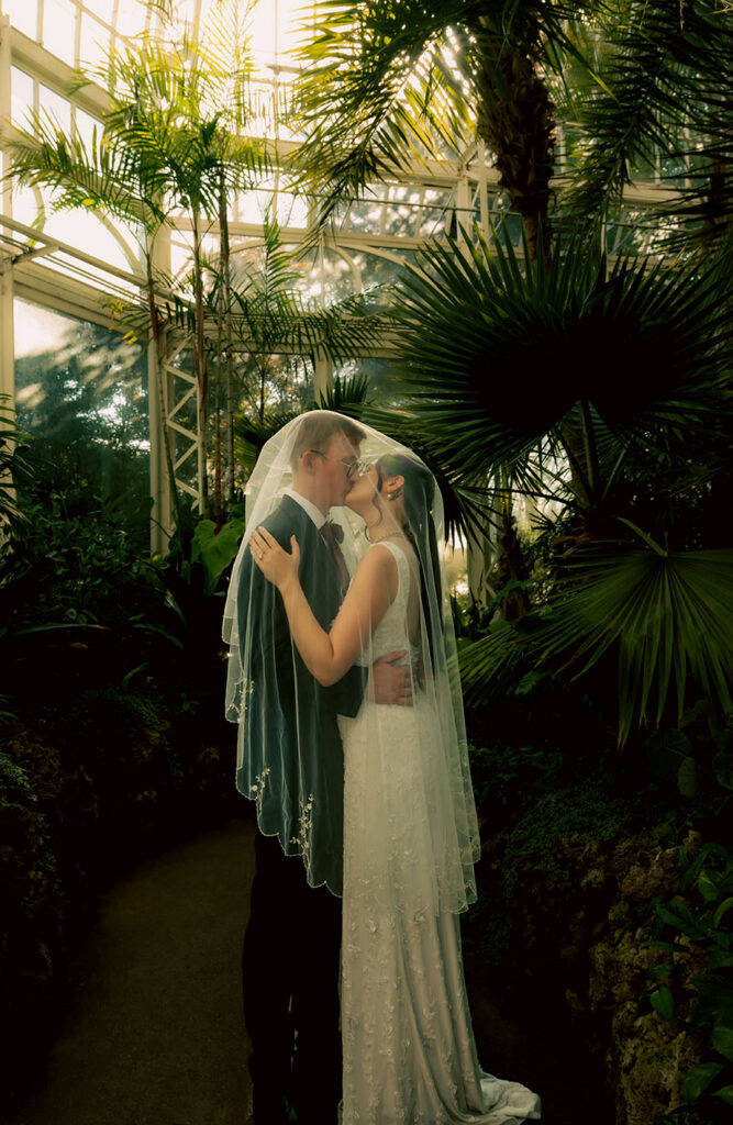 Bride and groom embracing beneath her veil among lush tropical greenery at Phipps Conservatory.